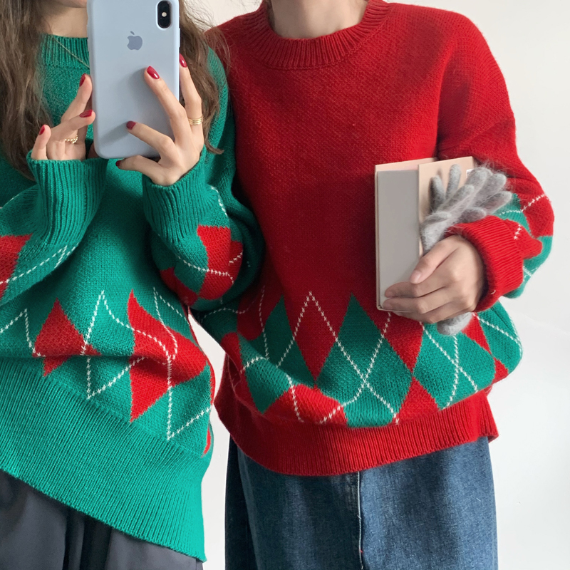 送料無料 双子コーデ アーガイルニット トップス クリスマスカラー 長袖 クルーネック オシャレ Lamitte Deco トレンド 韓国ファッション ショップ
