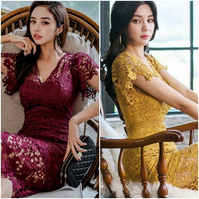 ワンピース ロングレースワンピース 春 ドレスセクシー Vネック ウエスト 痩身 ミドル ロング スプリット ヒップバッグ ヒップレース スカート Ledy Go Round