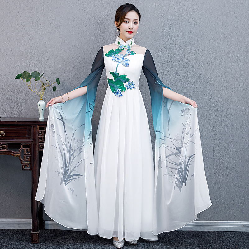 チャイナドレス ワンピース ドレス チャイナ風服 演出服装 イベント 舞台衣装 パーティー スタンドネック ロング丈 マキシ丈 エレガント 着痩せ 上品 大きいサイズ Xs S M L Ll 3l 4l ホワイト 白い Elegant