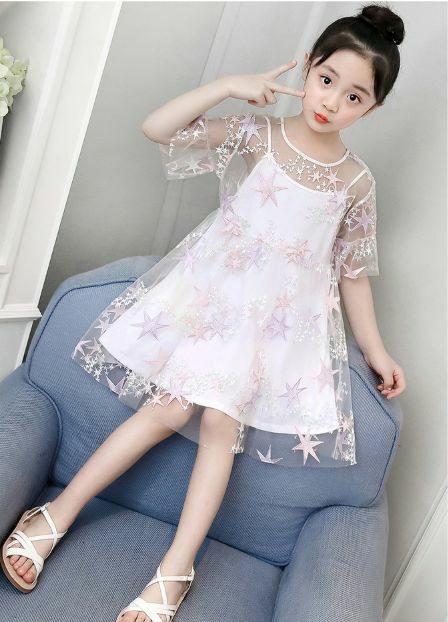 ママサイズ有 星柄 キラキラ シースルー ワンピース 110 150cm ママサイズ 半袖 夏服 ラウンドネック フレア 膝丈 ワンピ 19s S 韓国 子供服 女の子 ガールズ キッズ P169 A Dear Child