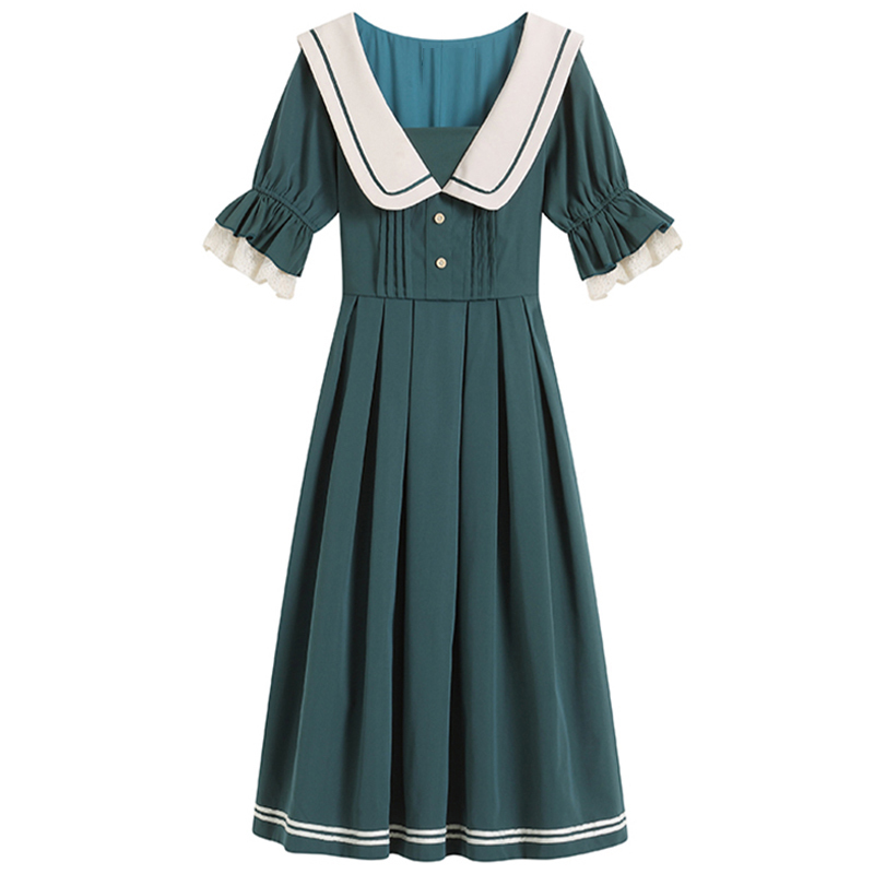 書槿笙シリーズ ワンピース ロング丈 半袖 夏 ドレス セーラー服 緑 グリーン 気質アップ S M L Xl Elegant