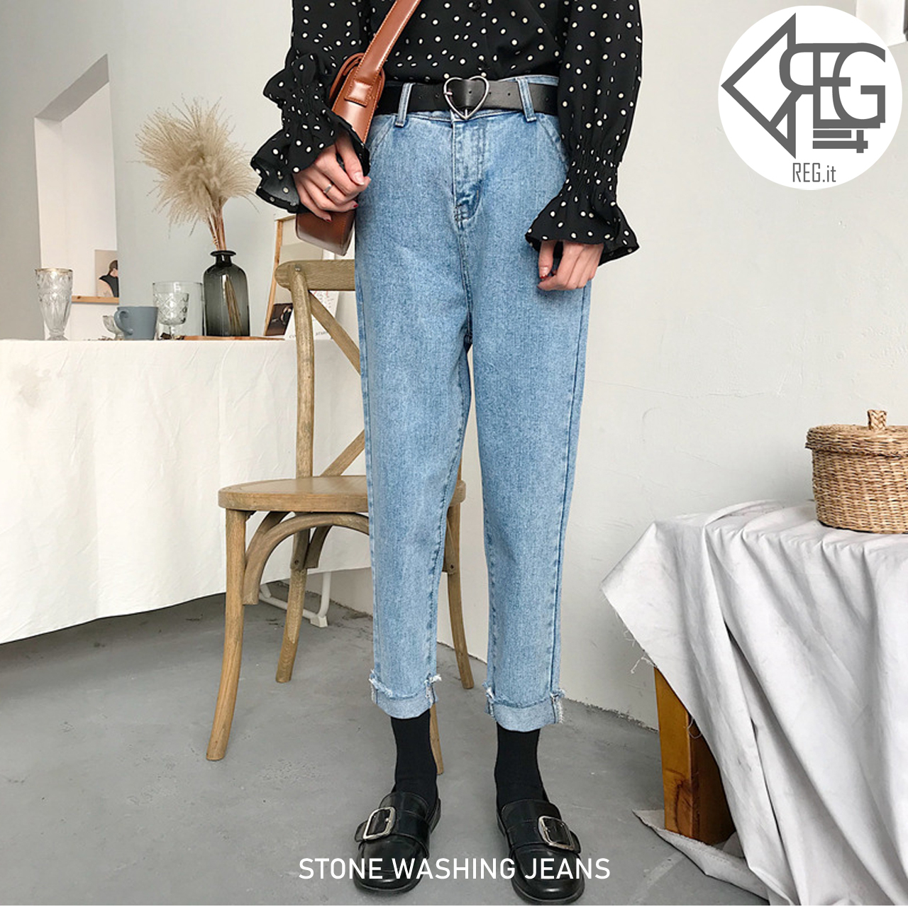 Regit 即納 Stone Washing Jeans 韓国ファッション 韓国服 デニム ジーンズ かわいいデニム プチプラコーデ 古着風 Regit