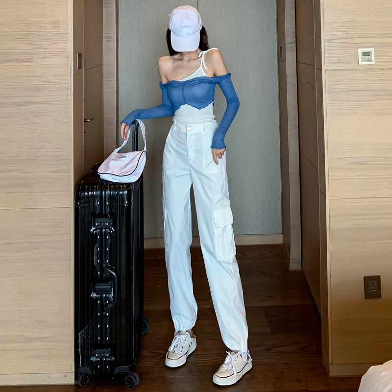 ワンショルダーセクシーな日焼け止め長袖トップの不規則なキャミソールスーツ女性の夏の作業服ズボン3ピーススーツ セブンプリンセス Mixlily Shop A1
