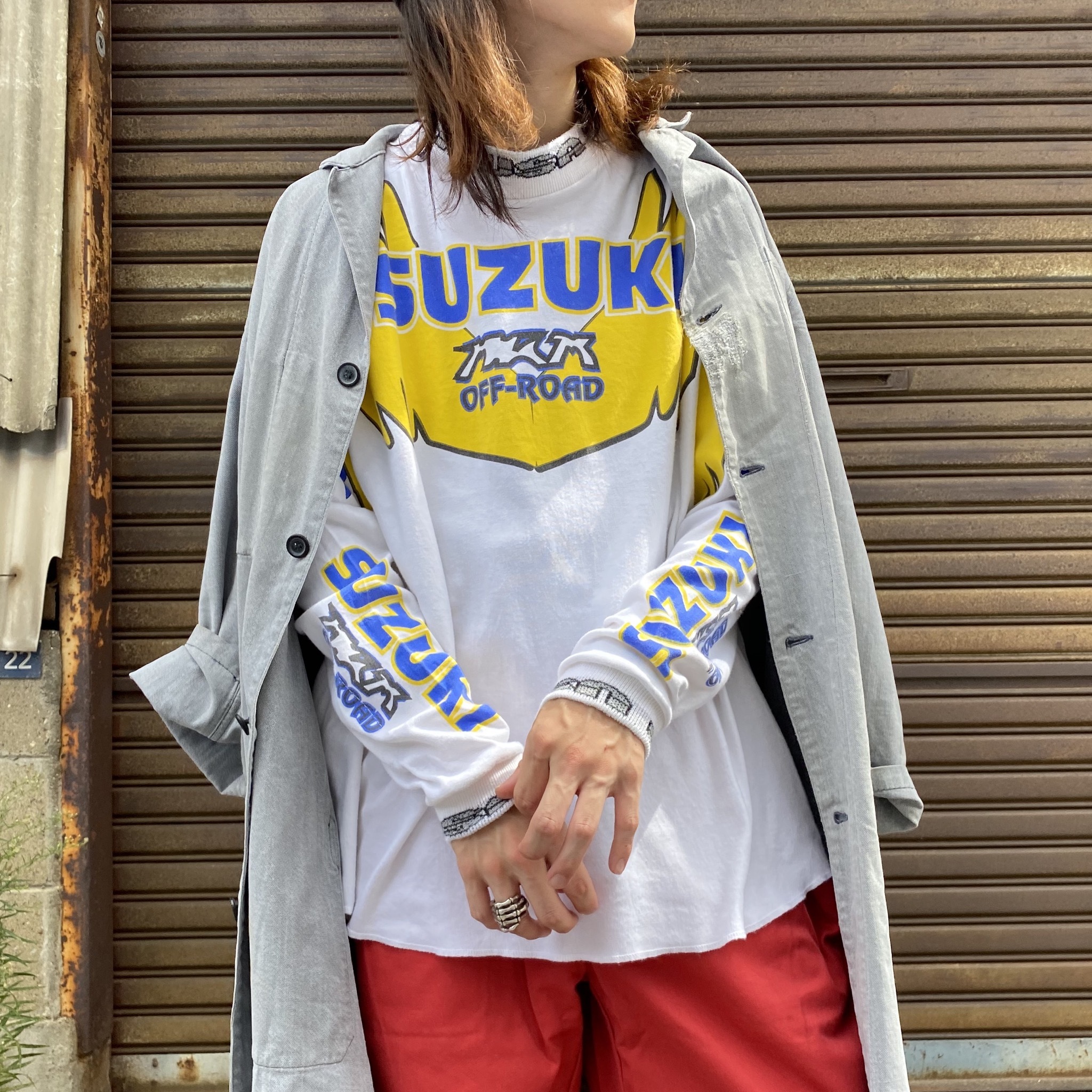 80年代 80s Suzuki スズキ Usa ロゴ プリント モトクロス レーシング ロングtシャツ バイク モーターサイクルtシャツ ヴィンテージ ビンテージ 袖プリ エルボーパッチ モックネック メンズl 古着 ロングｔシャツ Cave 古着屋 公式 古着通販サイト