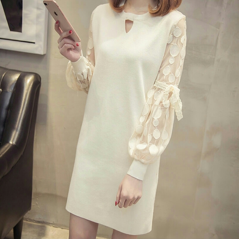 袖シースルーニットワンピース Gladlot