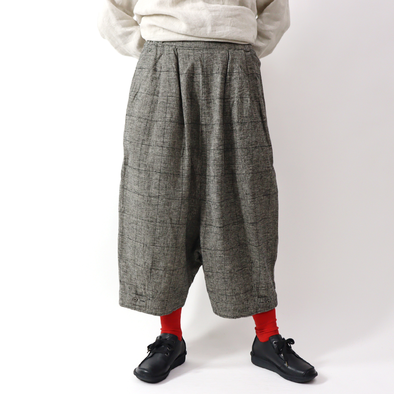 1 16マークダウン Sun Valley サンバレー 全4色 綿麻起毛チェック 裾タブ付き ワイド サルエルパンツ No 008 052 Sk Urnis