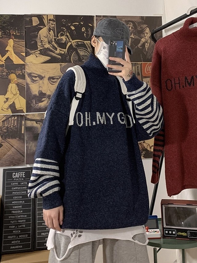 韓国メンズファッション ボーダー タートルネック ボーダー柄 重ね着風 カジュアル 英字 ニット 送料無料 韓国メンズ服 流行プチプラ韓国メンズファッション新作通販 Buy The World