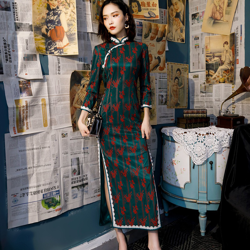 ロング丈チャイナドレス レースチャイナドレス チャイナ風ワンピース ロングドレス 九分袖 大きいサイズ S M L Ll 3l 4l 民国風 チャイナ風服 宴会 パーティー 二次会 女子会 同窓会 美品 レースアップ Elegant