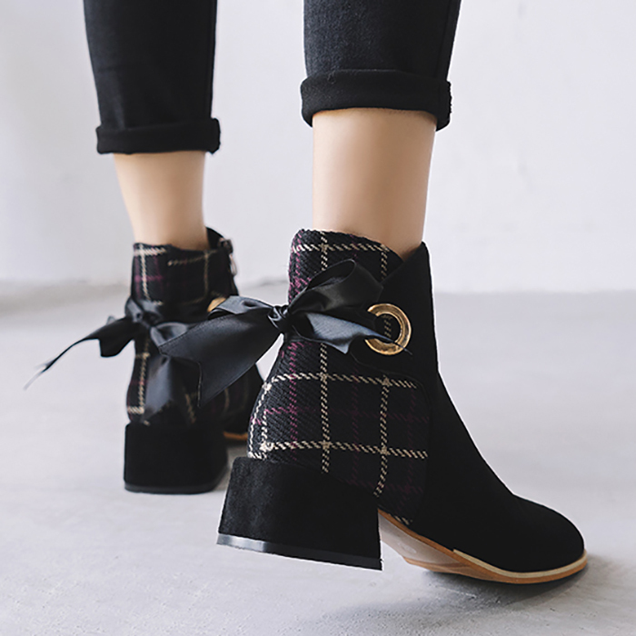シューズ チェックリボン ショートブーツ 冬 チェルシー ネットレッド ミッドヒールショート チューブ 厚手 マーティンブーツ Ledy Go Round