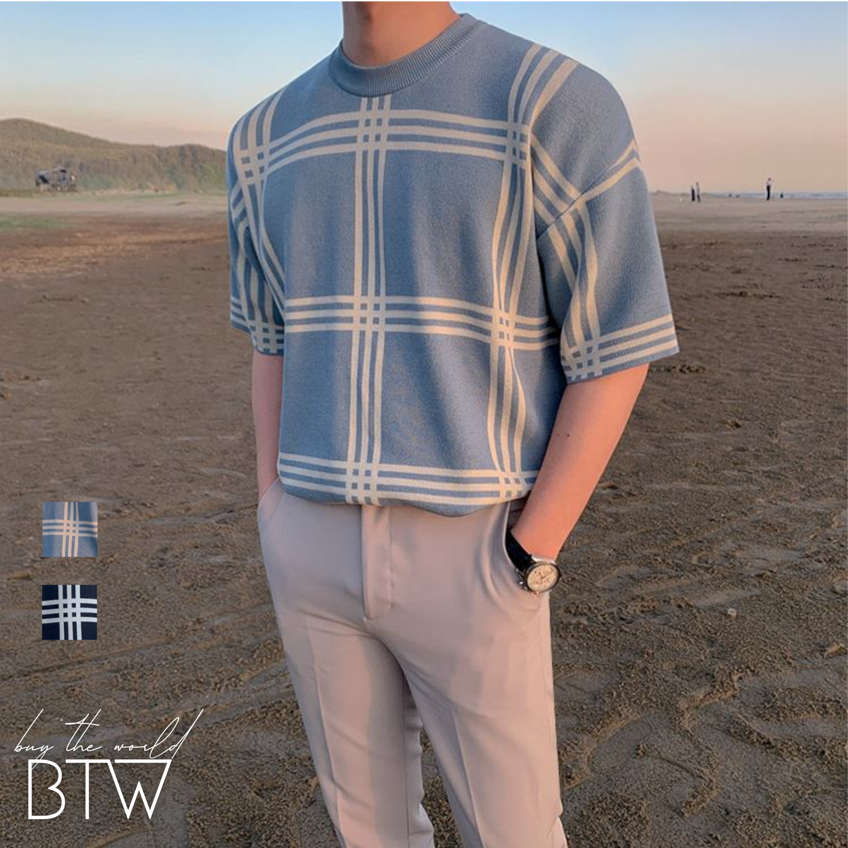 韓国メンズファッション Bw904 メンズ チェック柄 半袖 セーター ラウンドネック ルーズ カジュアル 韓国メンズ服 流行プチプラ韓国 メンズファッション新作通販 Buy The World