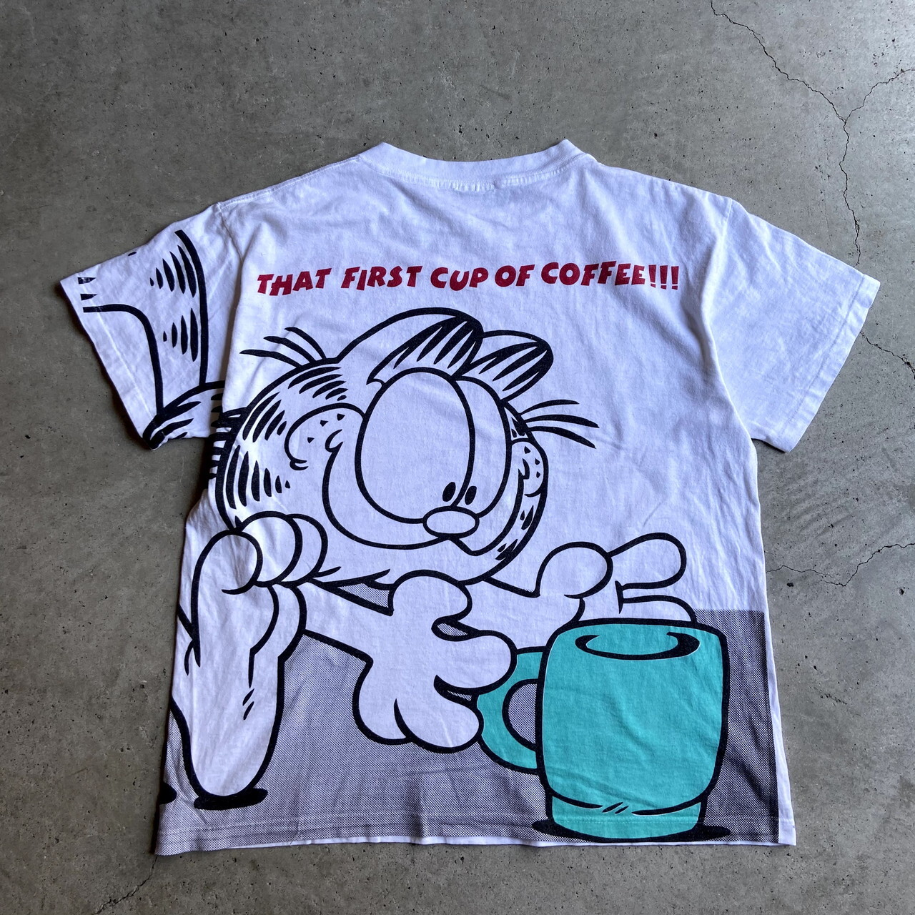90年代 GARFIELD ガーフィールド オーバープリント キャラクタープリントTシャツ メンズL相当 レディースXL相当 古着 90s ビンテージ  ヴィンテージ 染み込みプリント 全面プリント ホワイト 白【Tシャツ】【SA21075】  cave 古着屋【公式】古着通販サイト powered  