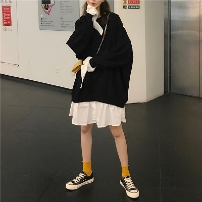 トップス プルオーバー カットソー ラウンドネック 長袖 重ね着風 重ね着 ドッキング コンビネーション ホワイト シンプル ワンピース プチプラレディースファッション通販 Yboueki