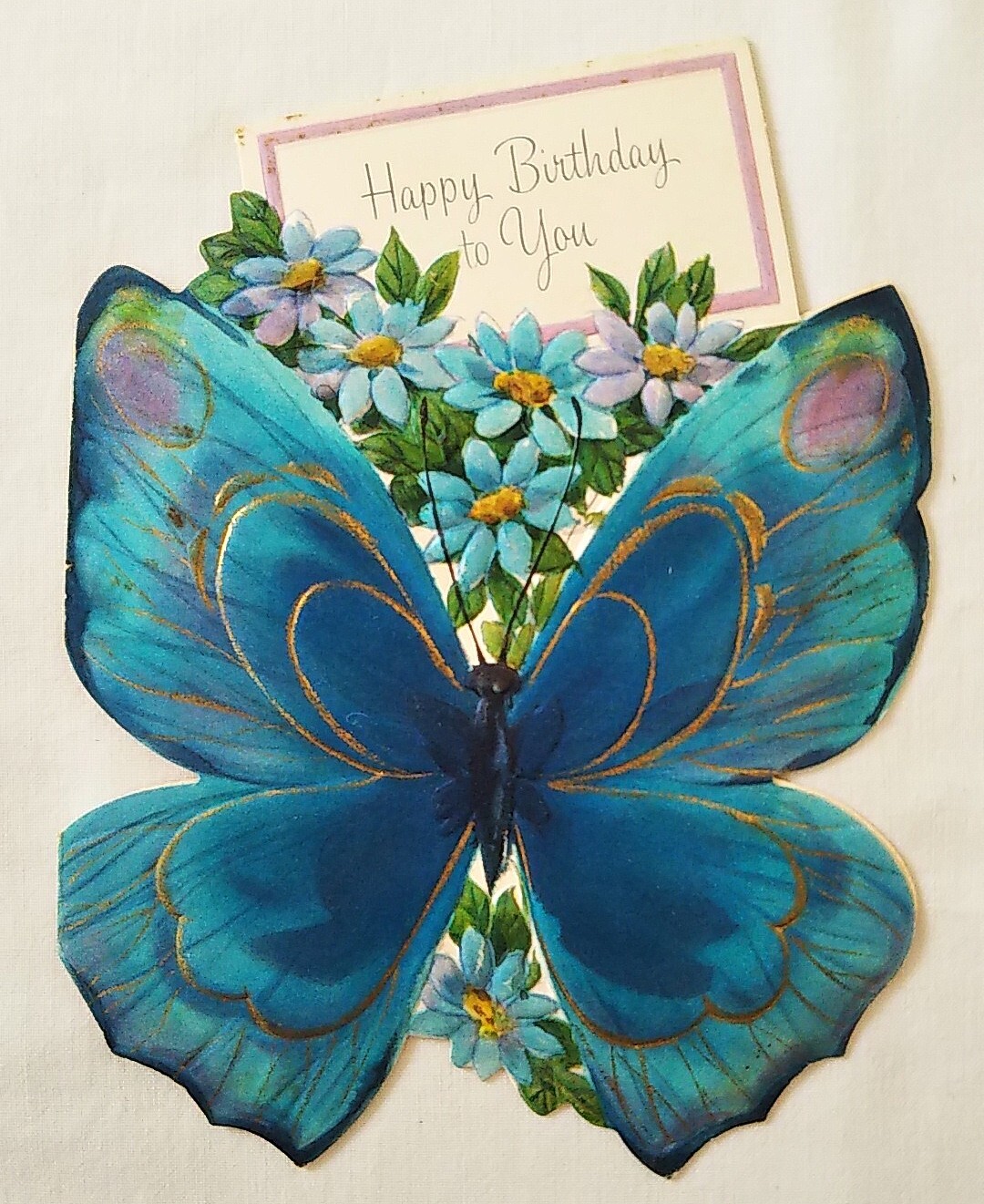 Vintage Birthday Card 青い蝶と花 バースデイカード 1960 70年 Greeting Card グリーティングカード バースデーカード Linus Blanket