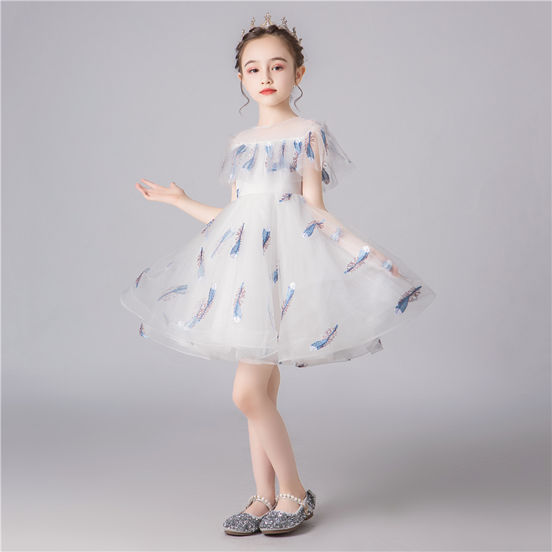 子どもドレス 子供ドレス キッズドレス 子供服装 演出装 舞台装 女の子 子供ワンピース 110 1 130 140 150 160 プレゼント 誕生日 花柄子供ワンピース ラウンドネック チュール ホワイト 白い 羽 Elegant