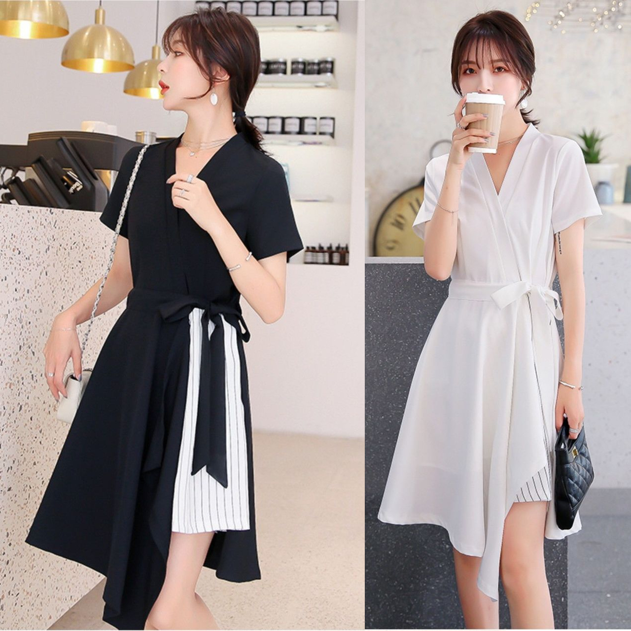 春夏 ドレス ワンピース 半袖 バイカラー ストライプ ひざ丈 ブラック Vネック Aライン エレガント 街角のカフェテラス