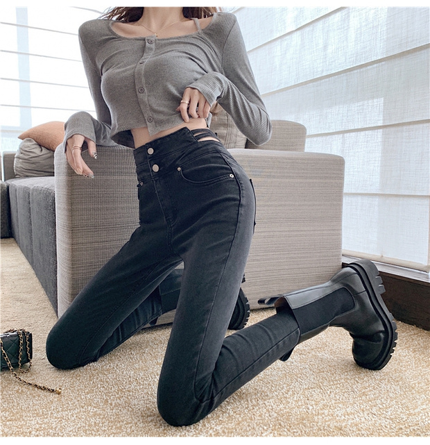 ストレッチタイトなハイウエストジーンズ女性の年秋新しい黒のスリムなズボン小さな足の鉛筆9ポイントパンツ ブラックストロベリース Mixlily Shop 9