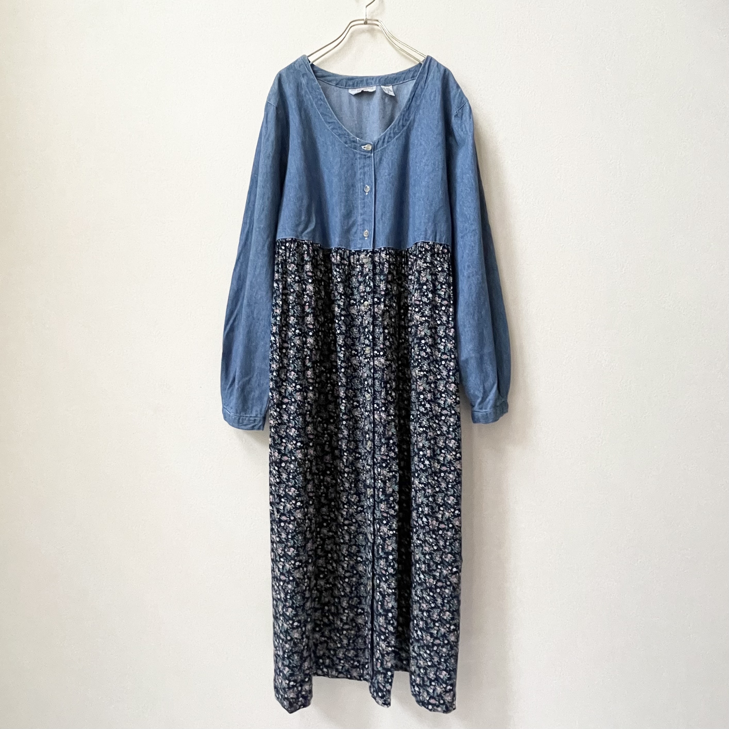 90年代 小花柄 デニム 切り替え 前ボタンワンピース アメリカ 古着 日本l Roger S Ladies ロジャース レディース