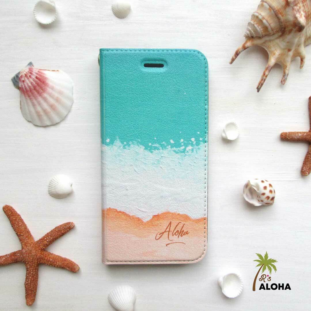 名入れ エメラルドグリーンの海柄 帯なし手帳型スマホケース 受注生産 R S Aloha ハワイアン 海を感じるスマホケースのお店