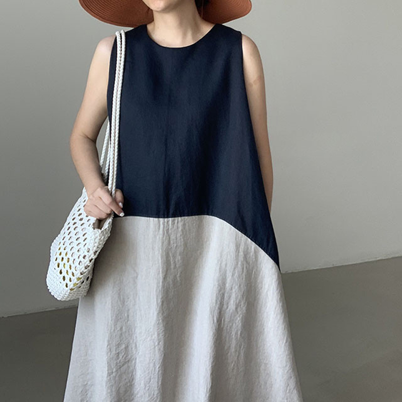 ワンピース 全2色展開 シンプル レトロ 足首丈 配色 ロング ノースリーブ ギャザー飾り Aライン Miyabi Go ワンピース 全2色展開 シンプル レトロ 足首丈 配色 ロング ノースリーブ ギャザー飾り Aライン Miyabi Go