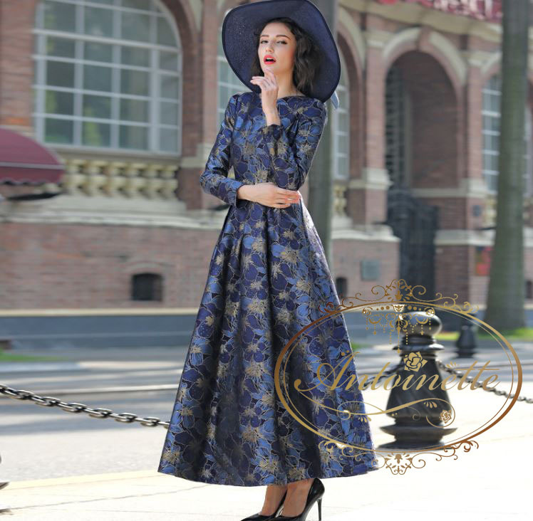 S Xxxl レディース パーティー ドレス ブルー ワンピース フェミニン ロング丈 エレガント 長袖 着痩せ 大き目サイズ 厚手 花柄 Antoinette