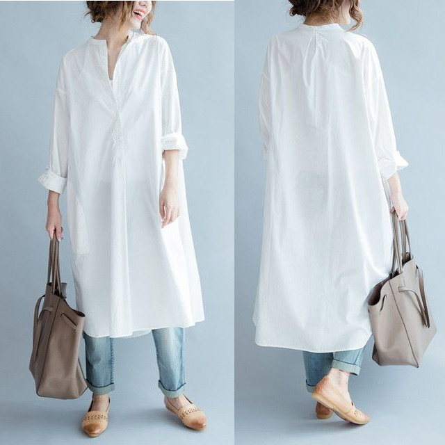 ルーズ ゆったり 白ワンピ カジュアル ワンピース シャツワンピ 長袖 ひざ下 ロング ミモレ丈 Happy Toon