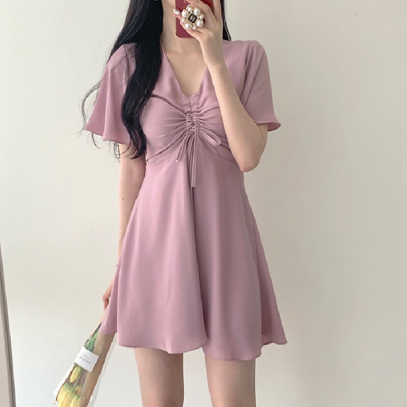 ワンピース 無地 膝上 人気上昇中 文芸風 女性らしい スウィート ピンク ブルー S M L Ll Dresszone