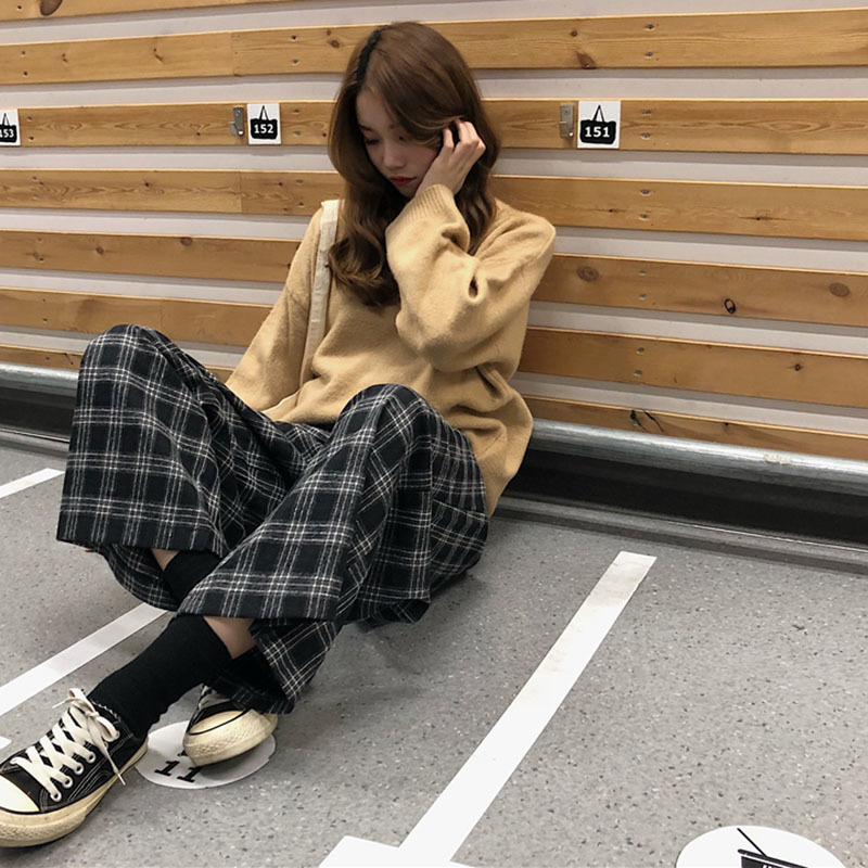 韓国 レトロ チェック柄 ハイウエストカジュアルガウチョパンツ Macaron