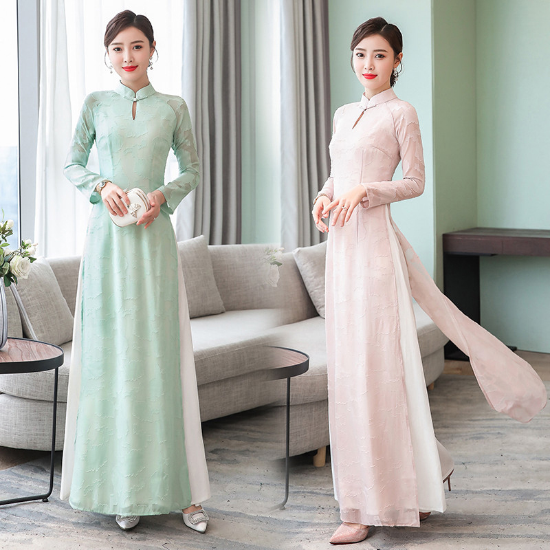 アオザイ風チャイナドレス レース ベトナム エスニック風 文芸スタイル ロングドレス 長袖 二次会 グレー ワンピース デート パーティー お呼ばれドレス 入園式 婚活 大きいサイズ M L 2l 3l Dresszone