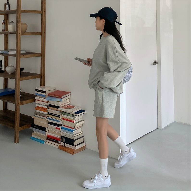 送料無料 ゆるダボスポーツmix スウェット ショートパンツ 長袖 無地 カジュアル スポーティー メンズライク お家コーデ セットアップ Lamitte Deco トレンド 韓国ファッション ショップ