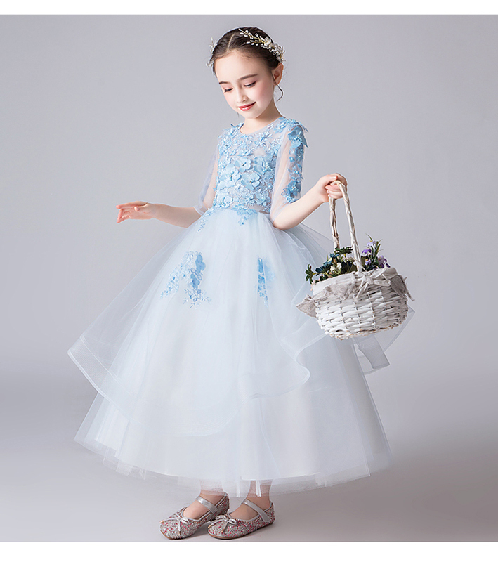 子どもドレス キッズドレス ロングドレス 刺繍 立体花飾り フォーマル用 ピアノ発表会 結婚式 花童 卒業式 子供服 女の子 ワンピース ブルー Elegant