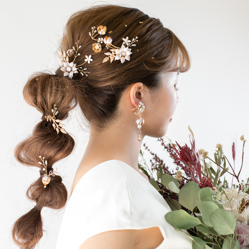 ウェディング アクセサリー 小枝 ゴールド フラワー 4p ヘアピン ブライダル 髪飾り ブライダルセレクトショップ Bliss