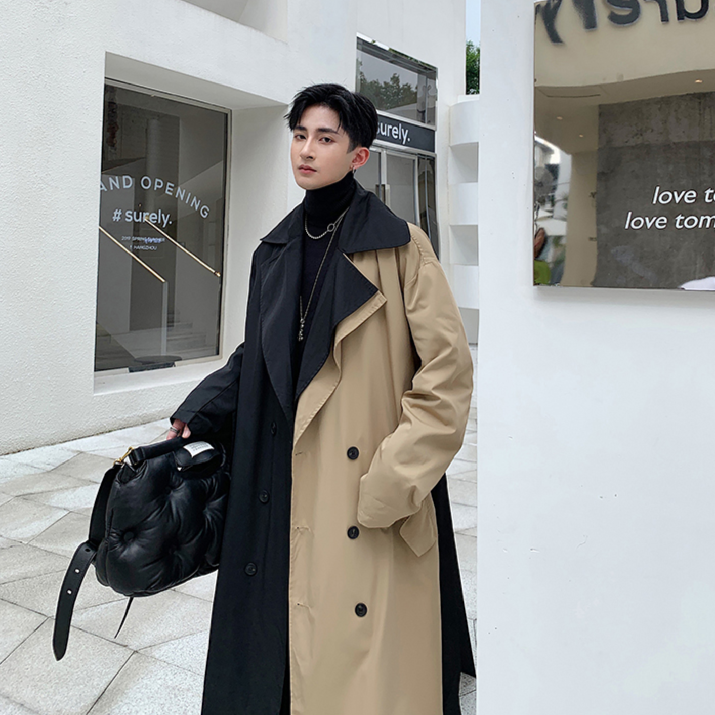 ベルテッドバイカラーロングコート Al0271 韓国メンズファッション通販サイト Aleum