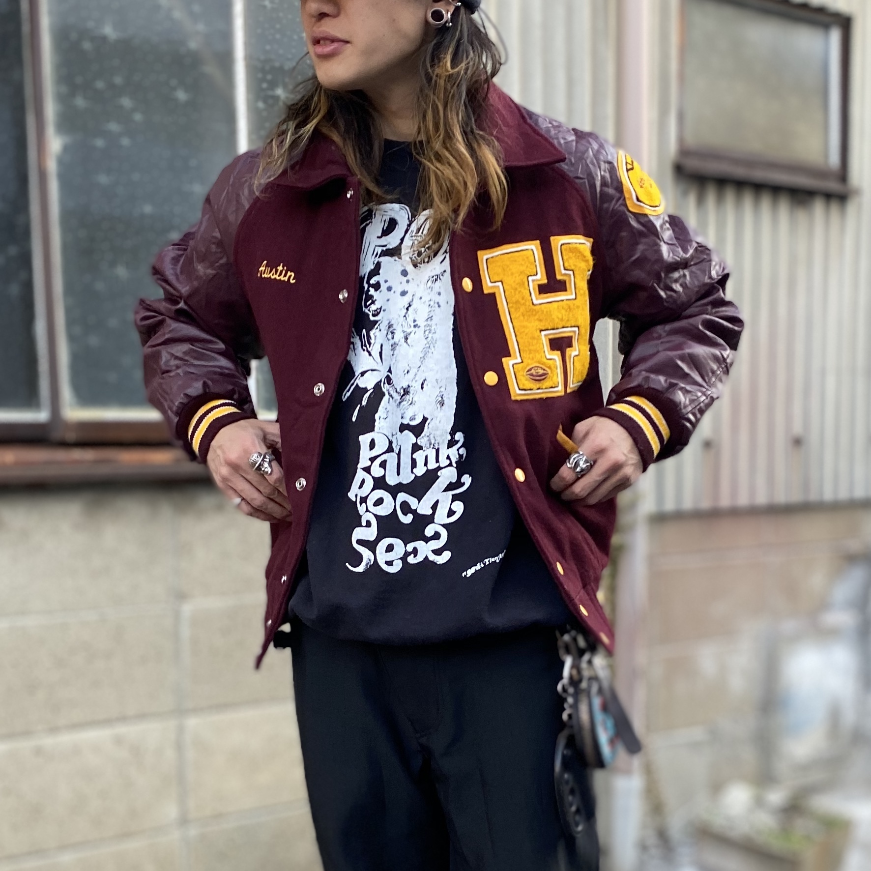 Balfour ウールアワードジャケット スタジャン アメフト ワッペン 袖レザー ラグランスリーブ ボルドー ワインレッド 赤色 えんじ メンズxs 古着 ナイロンジャケット Sa50 Cave 古着屋 公式 古着通販サイト