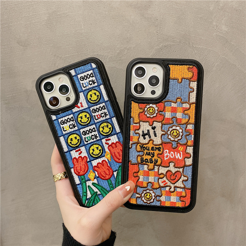 送料無料 ぷっくり刺繍 Iphoneケース ポップ 可愛い 刺繍 スマイル パズル チューリップ 個性派 Lamitte Deco トレンド 韓国ファッション ショップ