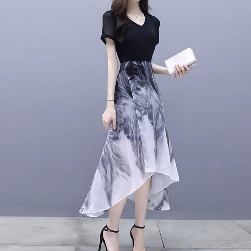 ワンピース 半袖不規則vネックプルオーバープリント切り替えハイウエストプリントエレガントワンピース Kodomom Net はファッションウェアに関する商品のオンラインストアです