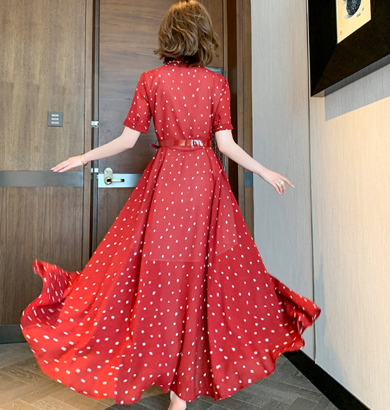 One Piece Polka Dot Retro ワンピース レトロ ドット柄 水玉 ロング丈 マキシ丈 半袖 フロントスリット 襟付き きれいめ エレガント 透け感 ハイウエスト ベルト ボタン 2色展開 ネイビー レッド おしゃれ セクシー 大人 カジュアル お出かけ リゾート お呼ばれ お食事会