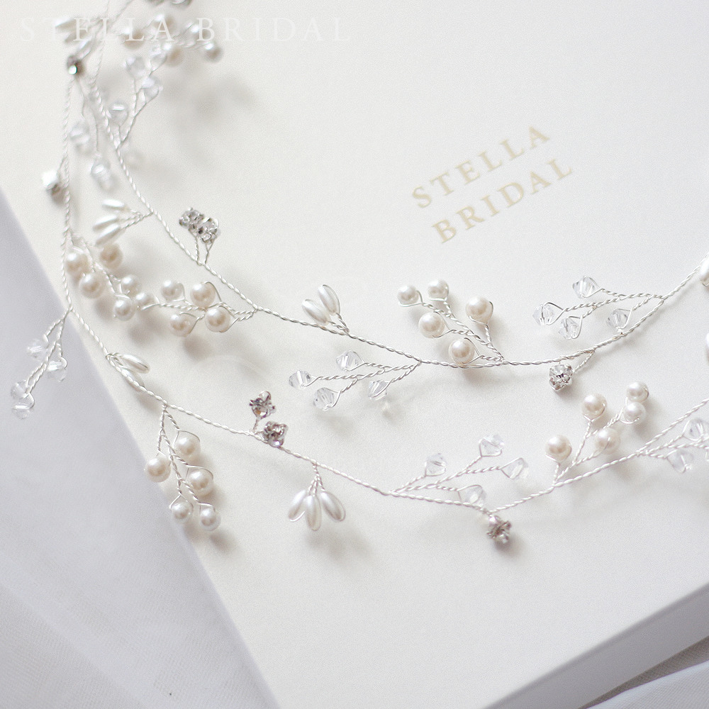 スワロ使用 パールとビジューの小枝ヘッドドレス エクストラロング シルバー ウェディングヘアアクセサリー Stella Bridal オシャレ花嫁さま御用達ウェディングアクセサリーショップ ステラブライダル