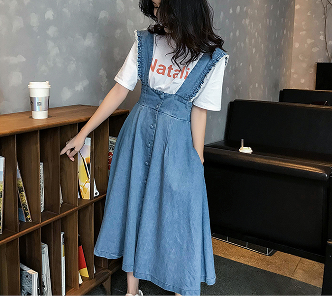 在庫処分特価 デニム ワンピース ロング丈 サロペット マキシ丈 無地 レトロ ゆったり フレア 体型カバー カジュアル ガーリー 秋冬 女の子 ブルー 激安 即納 Centrodeladultomayor Com Uy