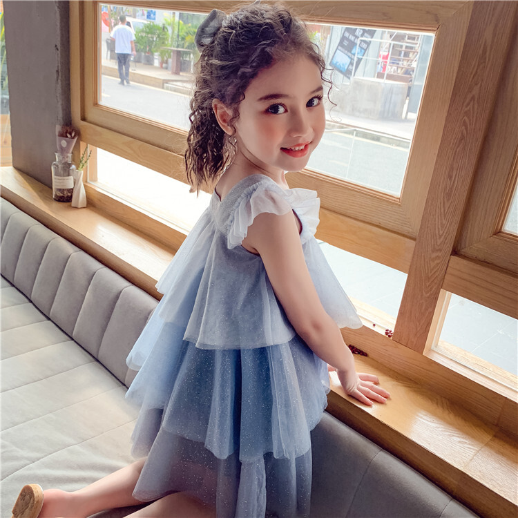 送料無料 キッズドレス 子供 ドレス ワンピース ブルー 水色 ティアードスカート 膝上 膝丈 ミニスカート ワンピース 発表会 女の子 スクエアネック フレンチスリーブ 半袖 リボン 子ども 結婚式 披露宴 セミフォーマル カジュアル 元気 チュール シフォン ラメ キラキラ