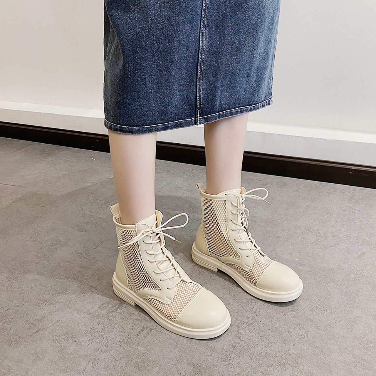 Regit Mesh Mennish Boots Ivory 韓国 靴 シューズ ブーツ メンズライク ミリタリー メッシュ 夏 カジュアル 10代 代 プチプラ 映える 透け感 ネット通販 Regit