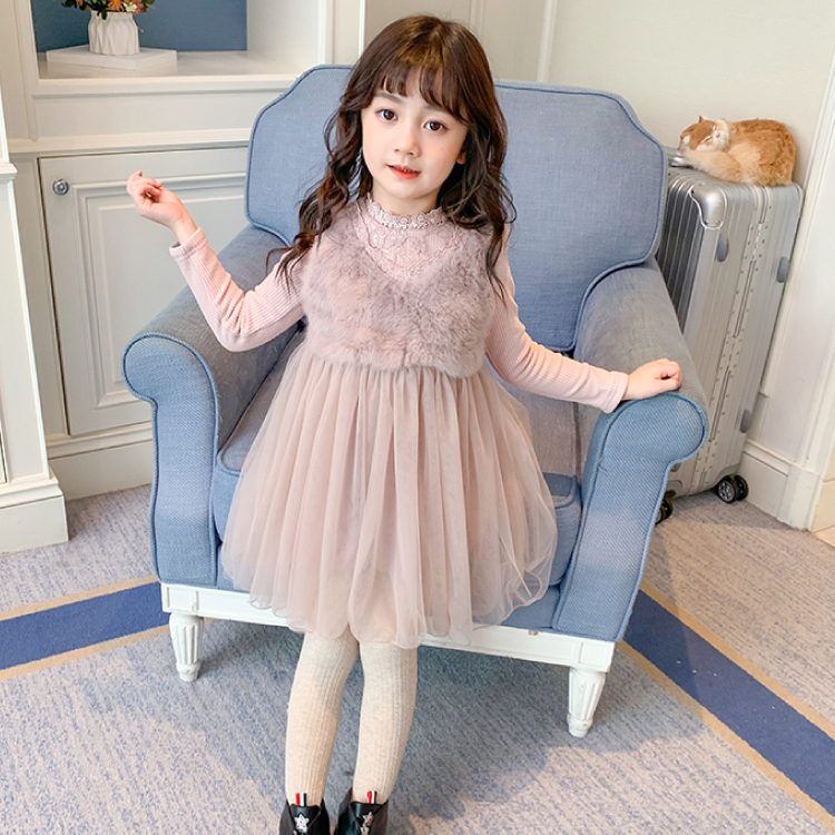 90 130 ワンピース ドレス ピンク 長袖 フリル レース ファー 長袖 キッズ 韓国 子供服 女の子 Q Toworld キュートワールド 子供服 メール便は何点でも送料の合計は280円