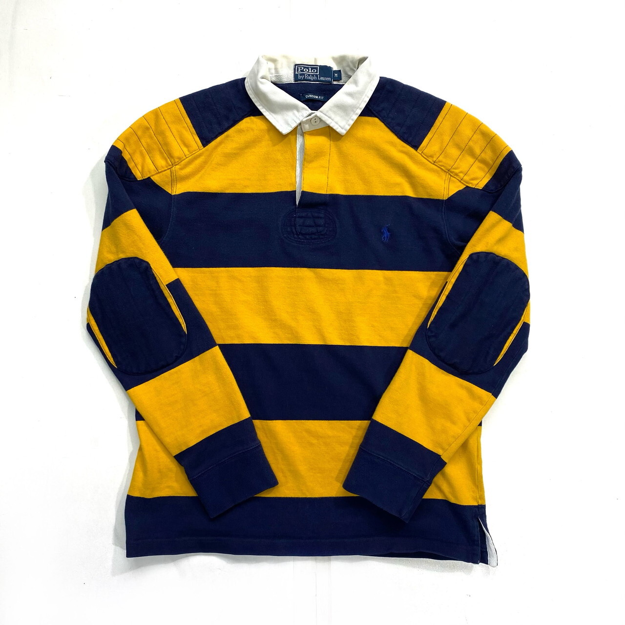 ポロバイラルフローレン ボーダー 長袖 ラガーシャツ メンズm エルボパッチ 古着 Polo By Ralph Lauren ポロシャツ イエロー ネイビー ポロシャツ ラガーシャツ All15 Cave 古着屋 公式 古着通販サイト