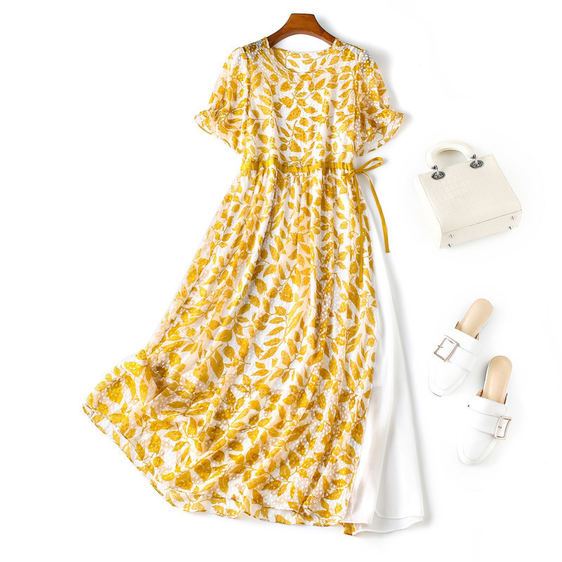 シルク100 高品質 シルクワンピース ドレス レディースファション ラウンドネック 半袖 ロング丈 花柄 ゆったり エレガント 高品質 高級感ある 女子会 結婚式 普段着 S M L イエロー 黄色い Elegant