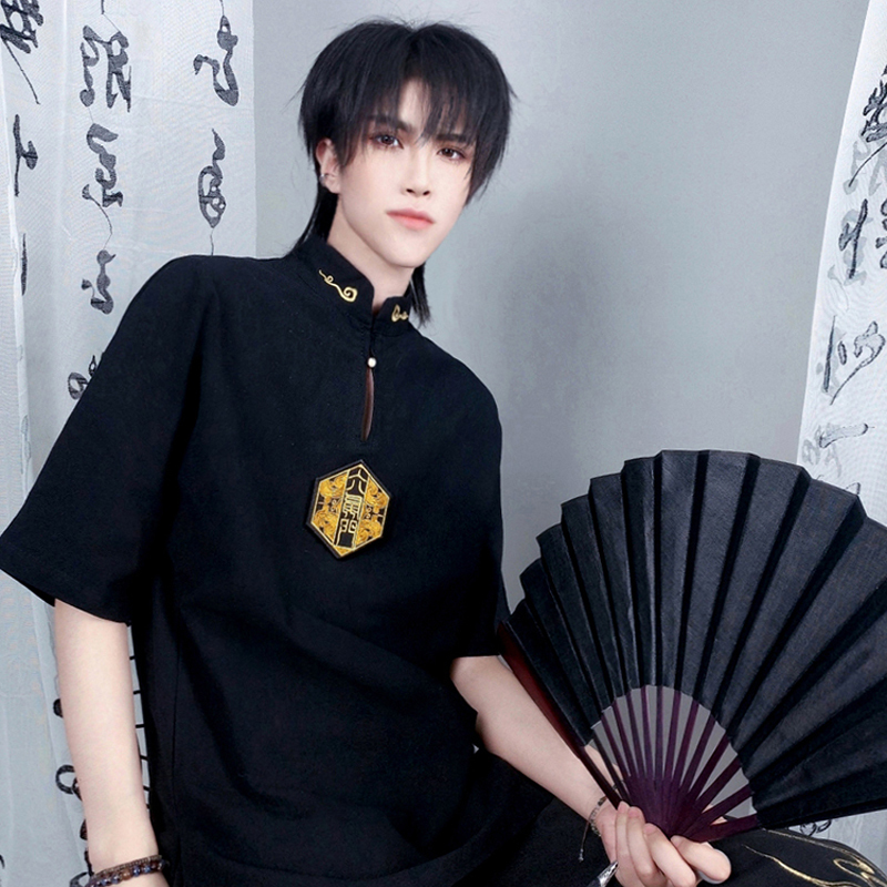 倉寶兒屋シリーズ チャイナ風tシャツ 刺繍トップス 中華服 大きいサイズ かっこいい ブラック 黒い Elegant