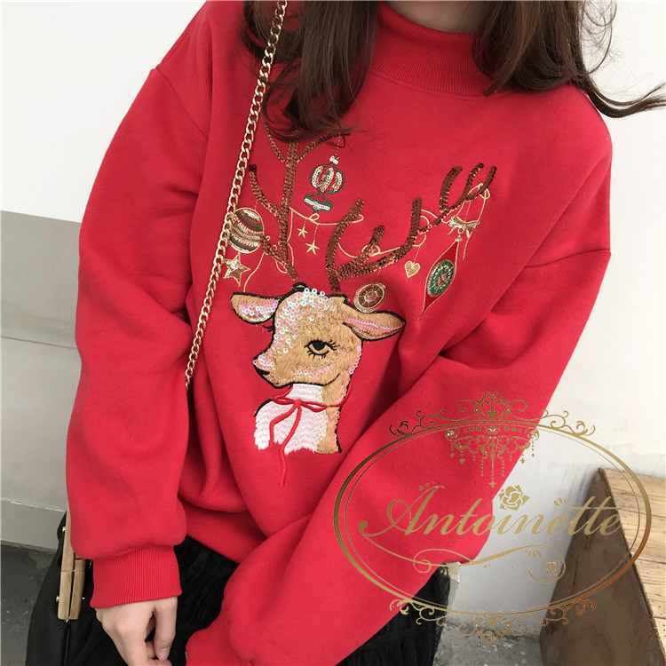 クリスマス トレーナー トナカイ 女子 デートコーデ フリース Uネック かわいい スパンコール キラキラ Antoinette