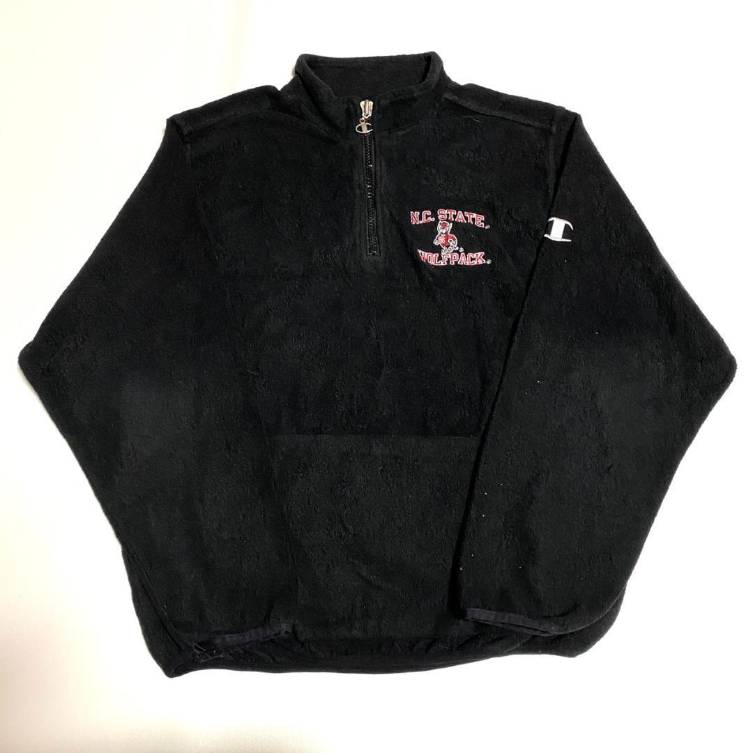 古着男子 古着女子 チャンピオン ブラック ハーフジップ 刺繍o529 Dust Magnet Club ヴィンテージ古着 トレンド古着 アメカジ 90s コレクティブル