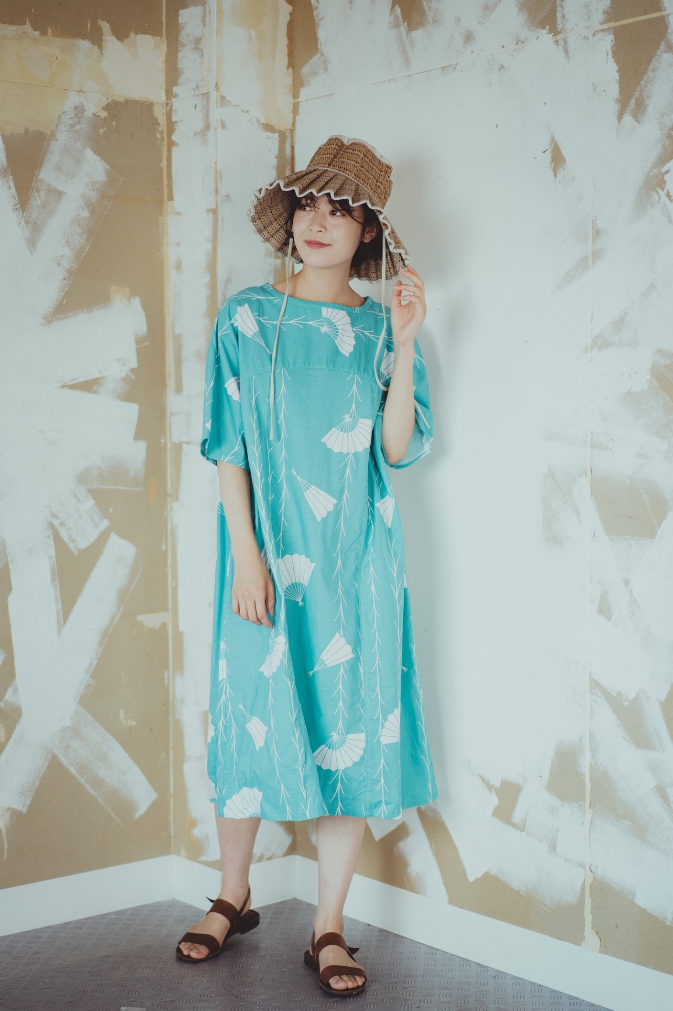 Kimono Shortsleeve One Piece 半袖ワンピース 着物リメイク 浴衣 水色 扇子 Acote