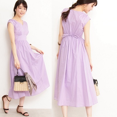 ワンピース ノースリーブ 袖なし ロング丈 マキシ丈 ハイウエスト リボン くびれ 清楚 カジュアル ラベンダー 体型カバー プチプラレディースファッション通販 Yboueki