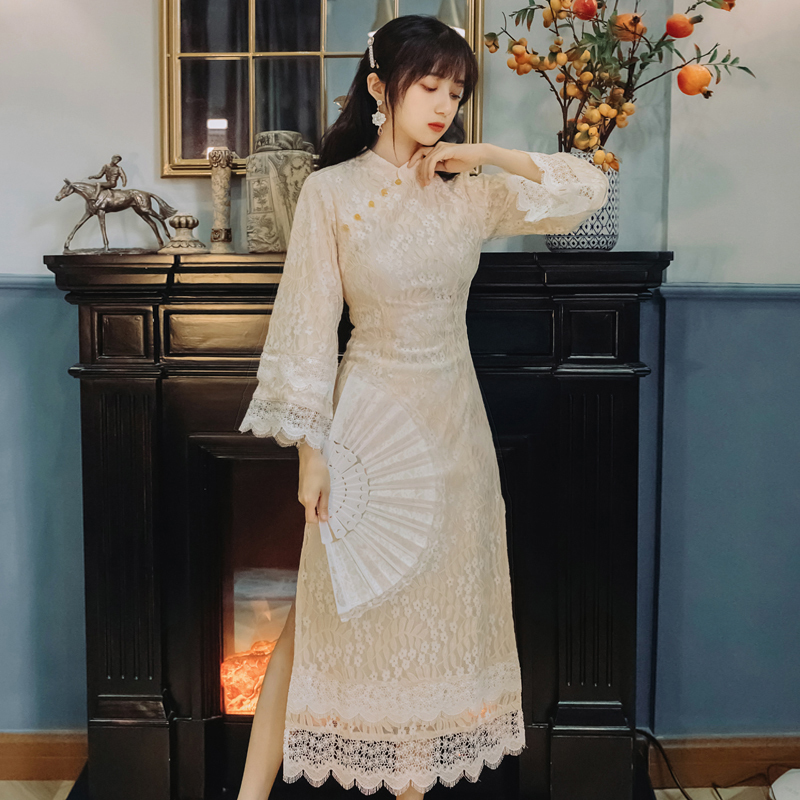 チャイナ風ワンピース レースワンピース 改良唐装 改良漢服 チャイナ風服 中華服 改良型チャイナドレス ロング丈 普段着 S M L ライトイエロー 着痩せ Elegant