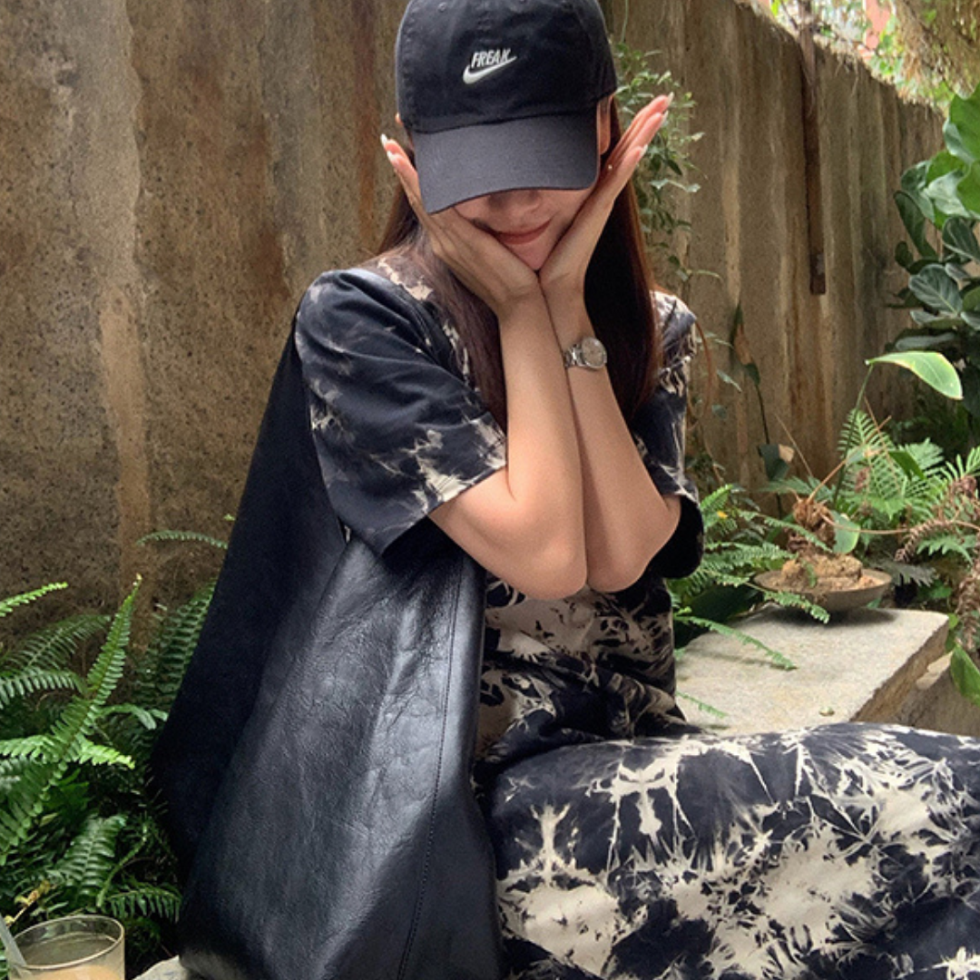 半袖 ラウンドネック 黒の絞り染め ワンピースｔシャツ レディースファッション 雪紡 Chiffon シフォン